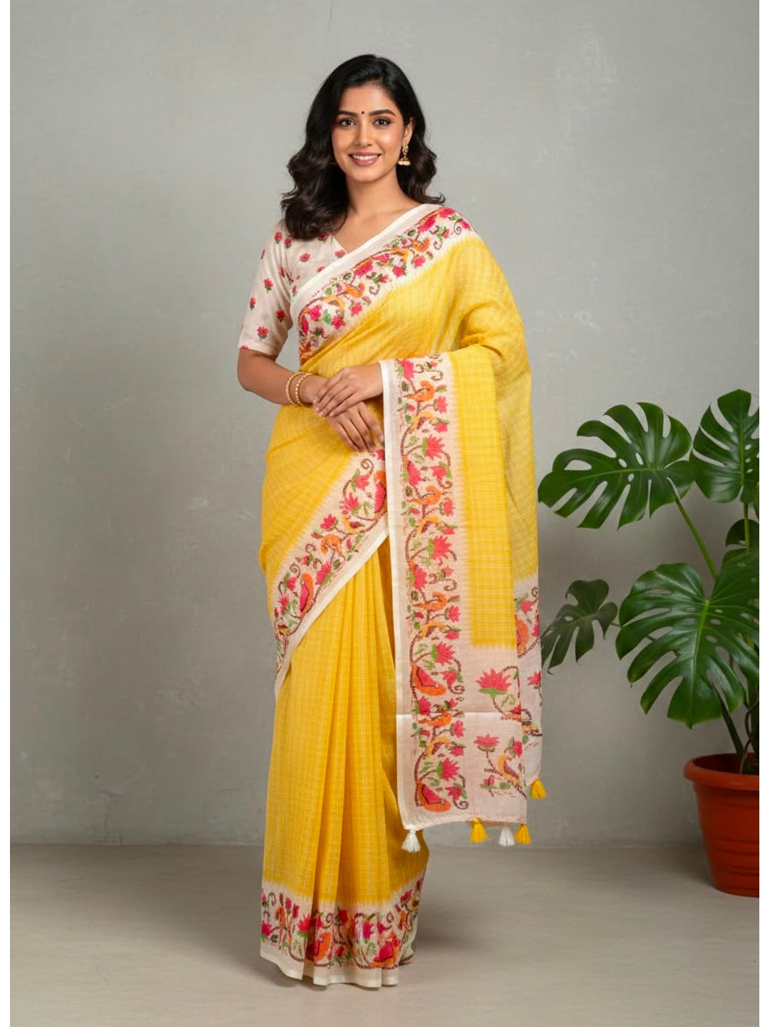 Peachmode Yellow Soft Linen Saree with checks floral border - Image 3