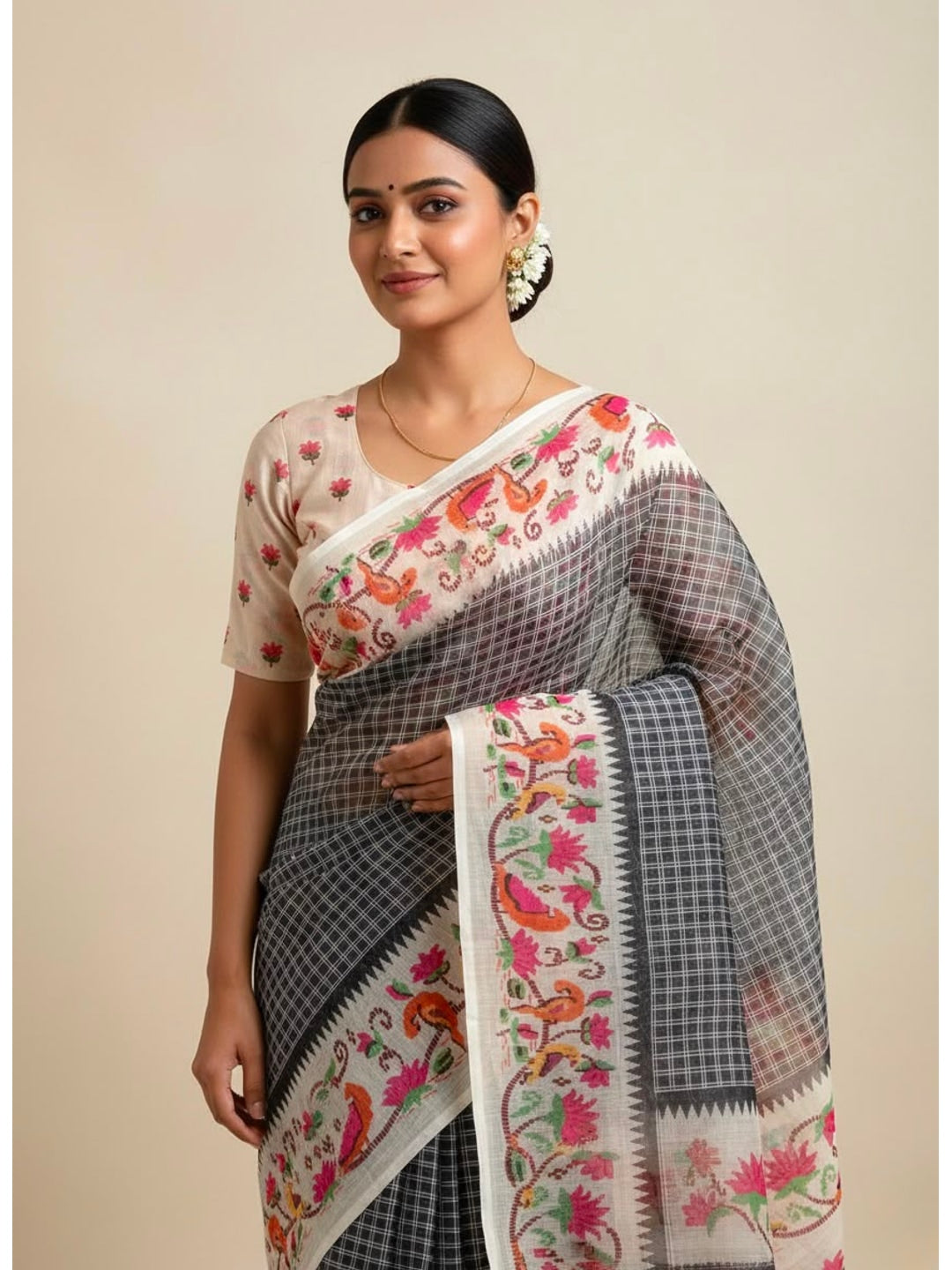 Peachmode Grey Soft Linen Saree with checks floral border - Image 1