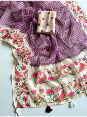 Peachmode Purple Soft Linen Saree with checks floral border - Image 2