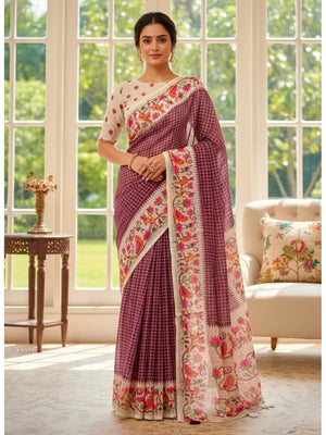 Peachmode Wine Soft Linen Saree with checks floral border - Image 1