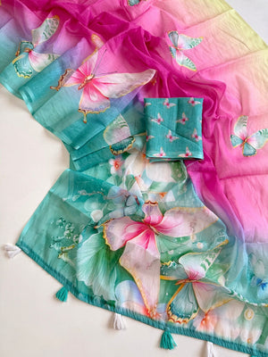 Peachmode Teal Soft Linen Saree with butterfly floral print - Image 2