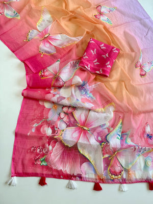 Peachmode Peach Soft Linen Saree with butterfly floral print - Image 2