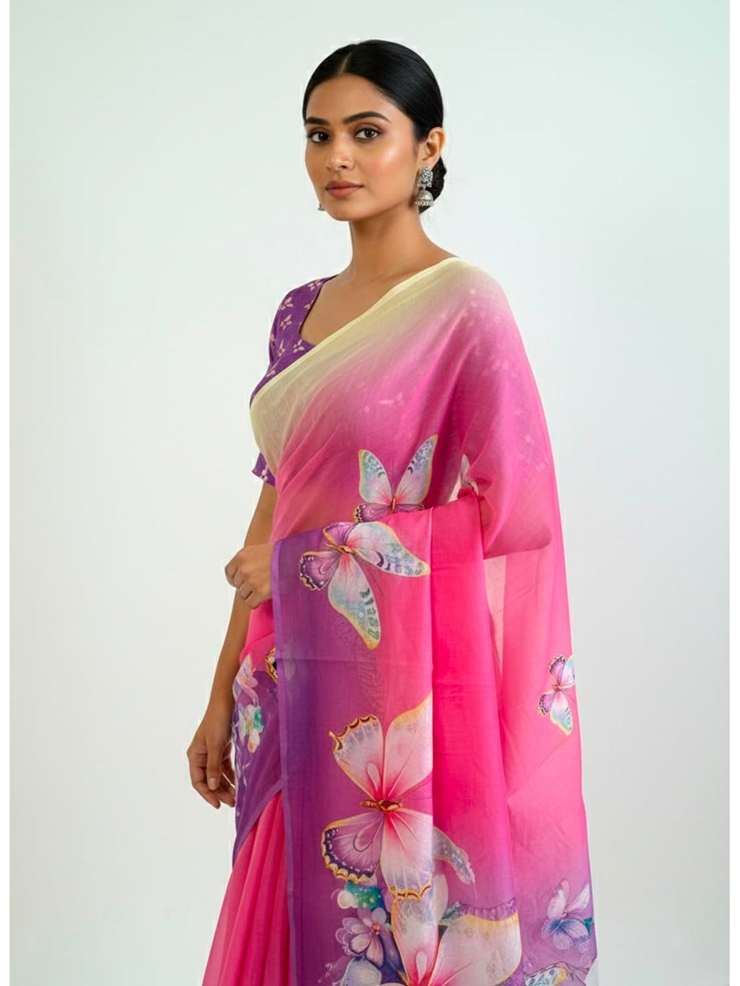 Peachmode Pink Soft Linen Saree with butterfly floral print - Image 3