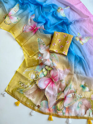 Peachmode Yellow Soft Linen Saree with butterfly floral print - Image 2
