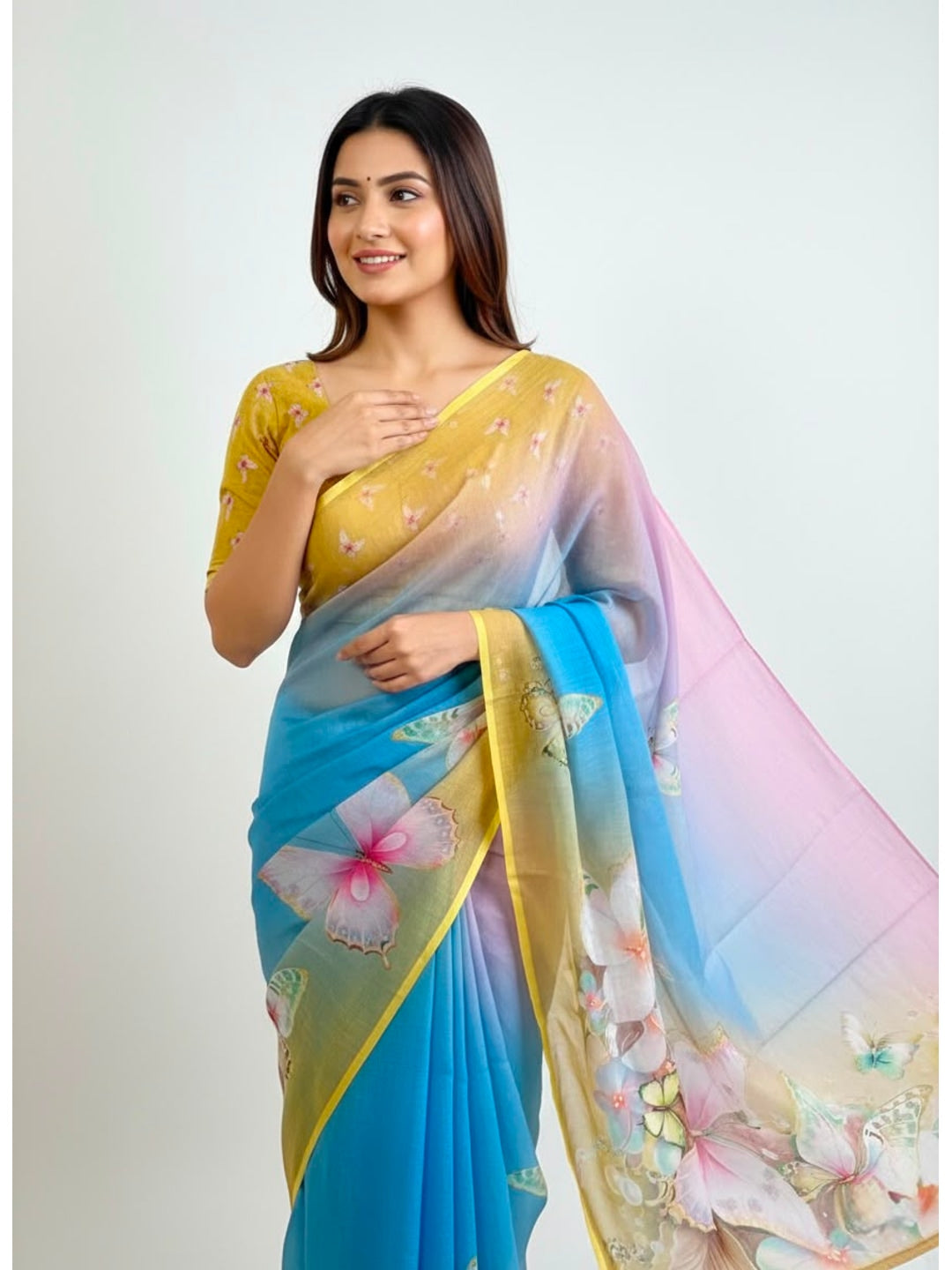 Peachmode Magenta Soft Linen Saree with butterfly floral print - Image 1