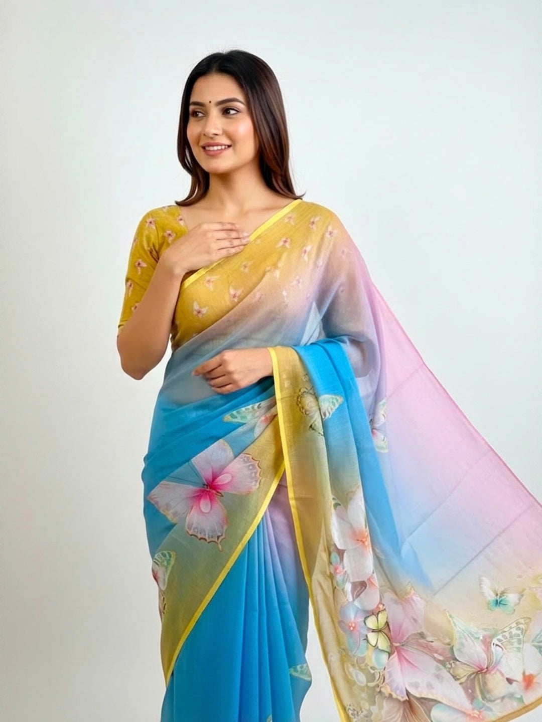 Peachmode Magenta Soft Linen Saree with butterfly floral print - Image 3