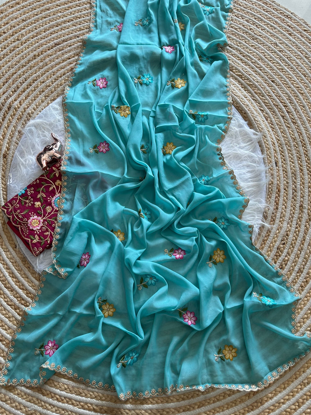 Peachmode Turquoise Georgette Saree - Image 4