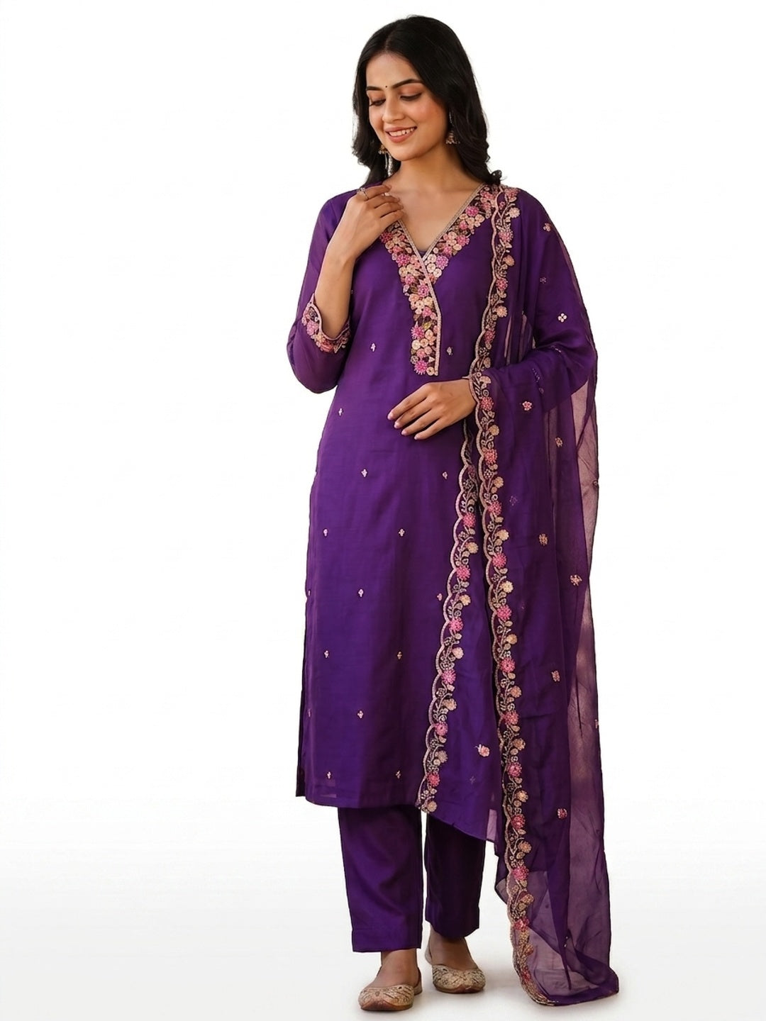 Peachmode Purple Mul Chanderi Dress Material with Floral Embroidery - Image 5