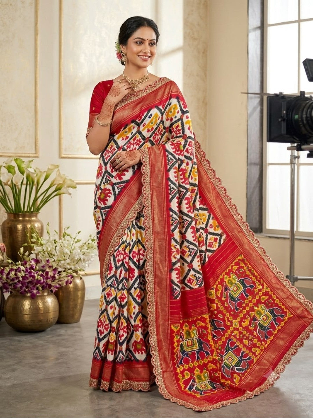Off White & Red Ikkat Printed Dola Silk Saree With Sequins Embroidery Border - Image 1