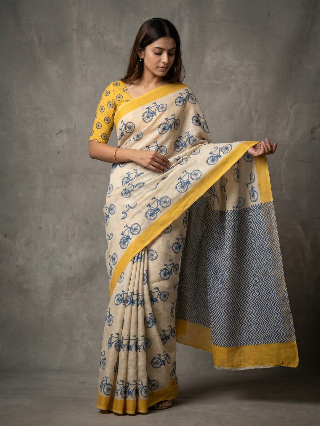 Peachmode Cream Linen Cycle Motif Saree - Image 1