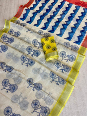Peachmode Cream Linen Cycle Motif Saree - Image 2