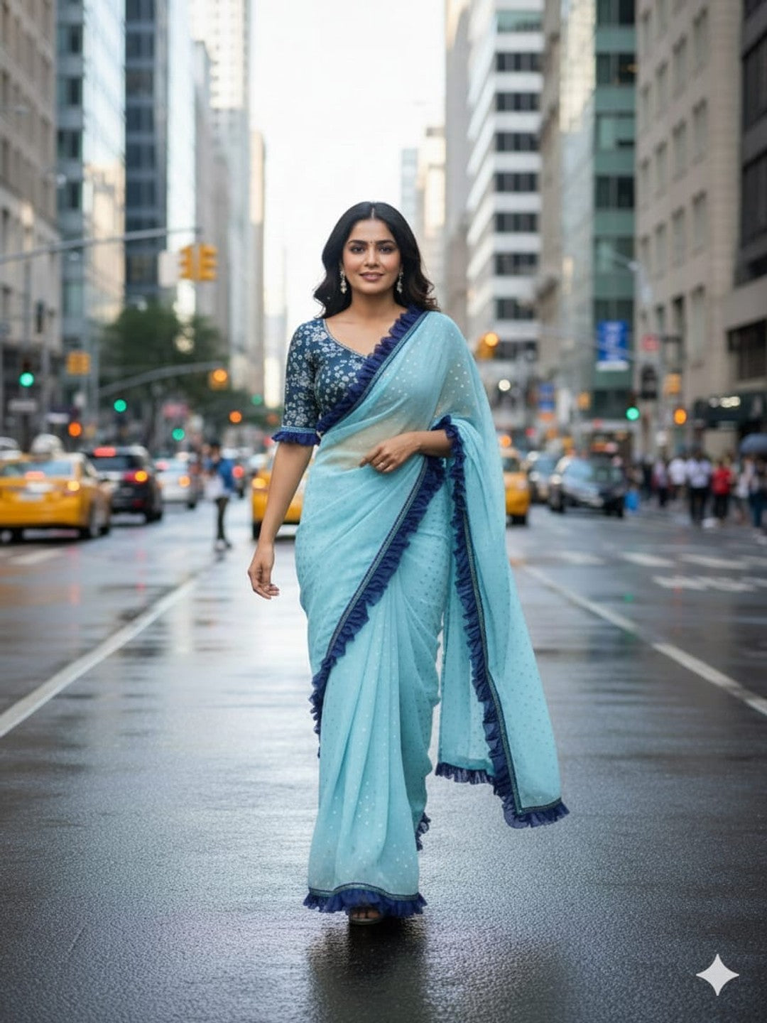 Peachmode Sky Blue Georgette Floral Print Frill Lace Saree - Image 1