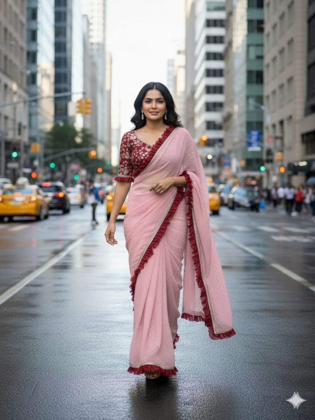 Peachmode Pink Georgette Floral Print Frill Lace Saree - Image 1
