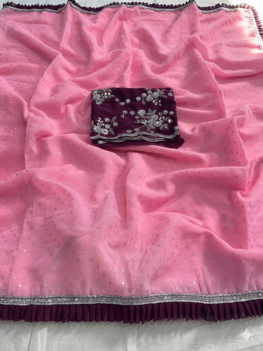Peachmode Pink Georgette Floral Print Frill Lace Saree - Image 2