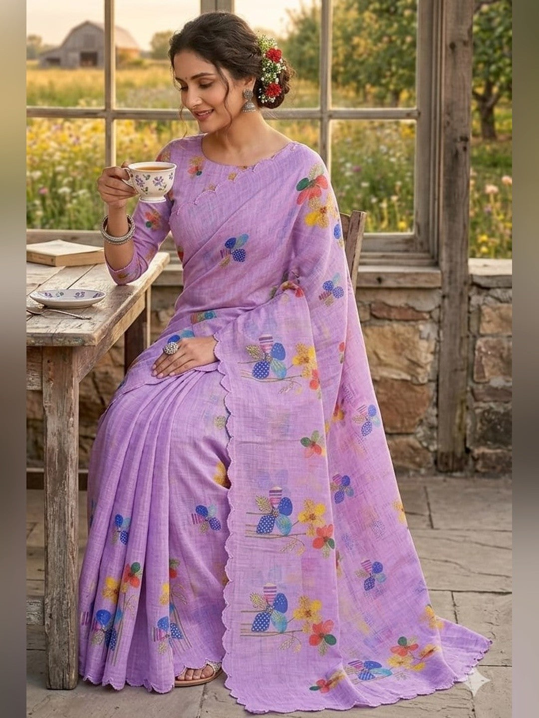 Peachmode Pink Linen Floral Print Saree with Cut Work Border - Image 4