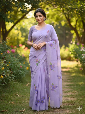 Peachmode Lilac Linen Floral Print Saree with Cut Work Border - Image 1