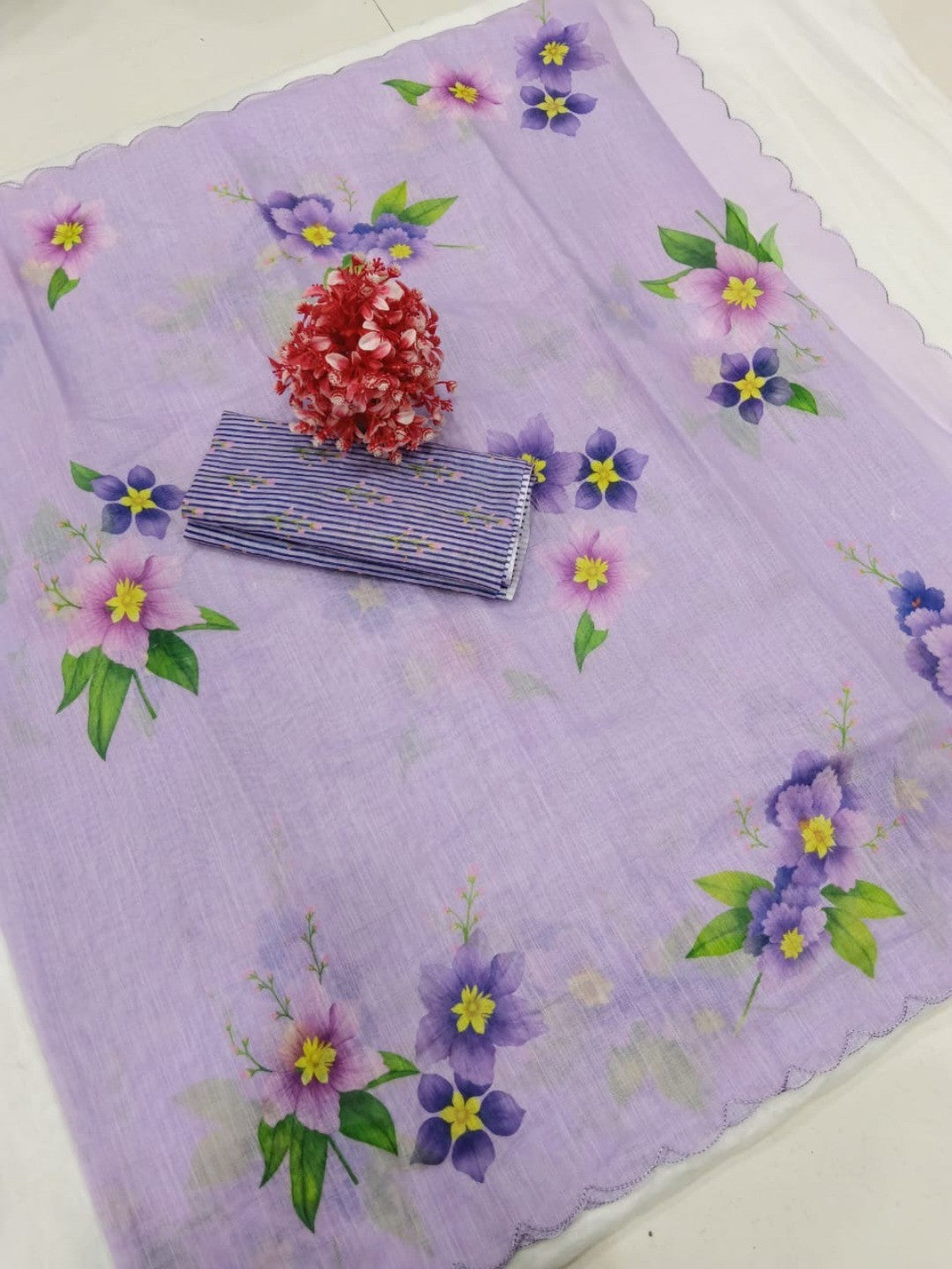 Peachmode Lilac Linen Floral Print Saree with Cut Work Border - Image 5