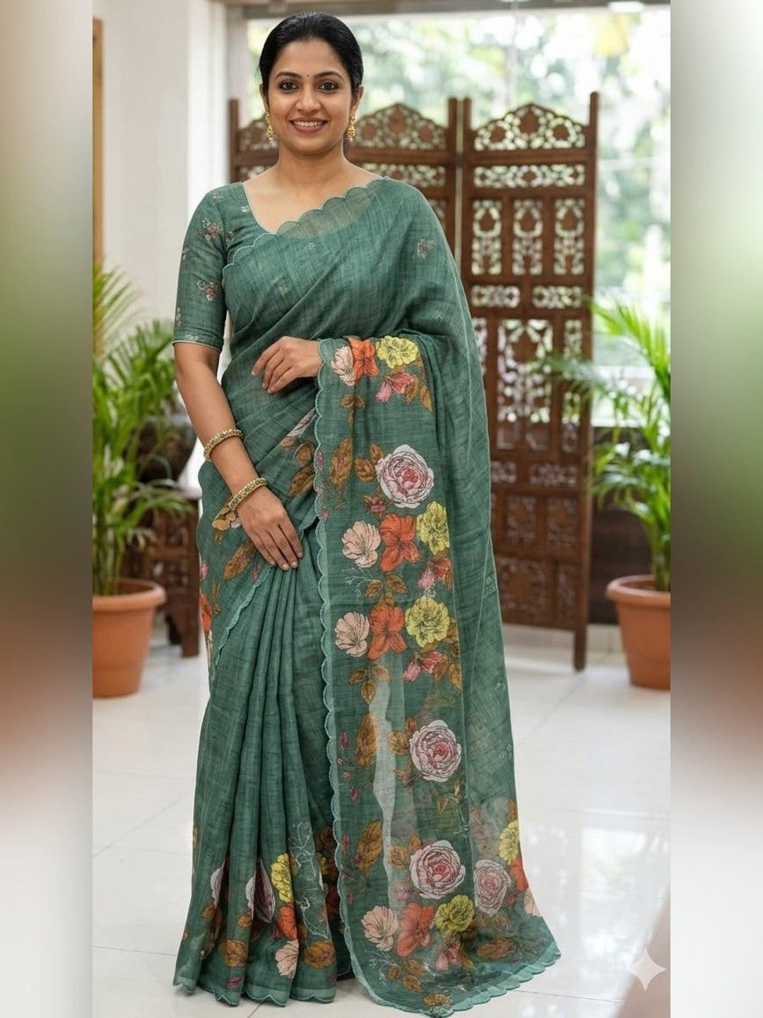 Included product 2: Peachmode Green Linen Floral Print Saree with Cut Work Border (HELFAB-LILY-102-GREEN) - original product photograph