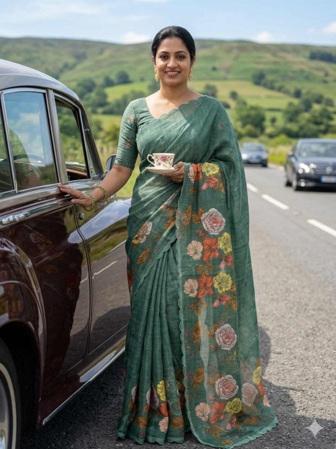Included product 2: Peachmode Green Linen Floral Print Saree with Cut Work Border (HELFAB-LILY-102-GREEN) - original product photograph