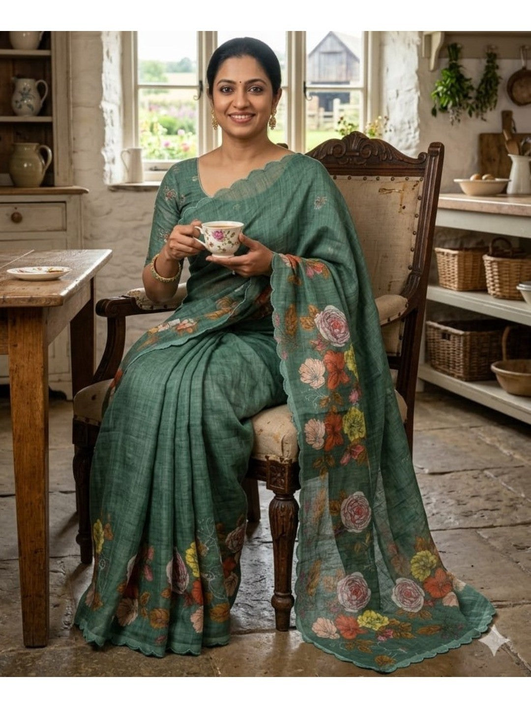 Included product 2: Peachmode Green Linen Floral Print Saree with Cut Work Border (HELFAB-LILY-102-GREEN) - original product photograph