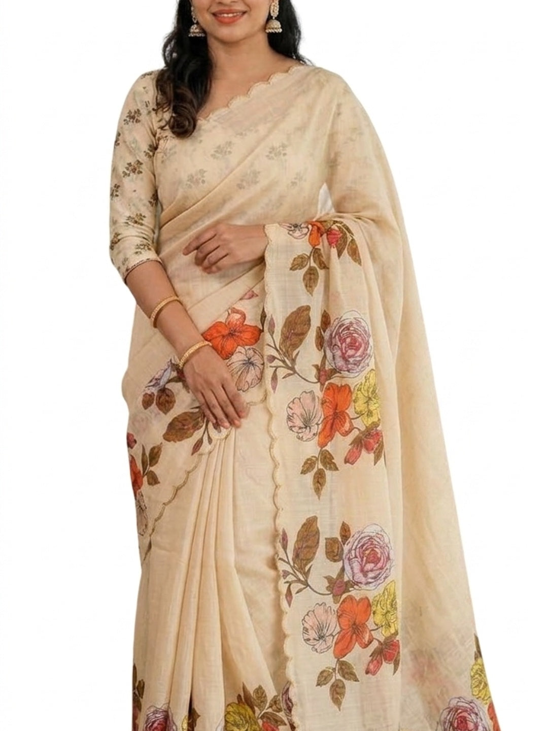 Peachmode Cream Linen Floral Print Saree with Cut Work Border - Image 6