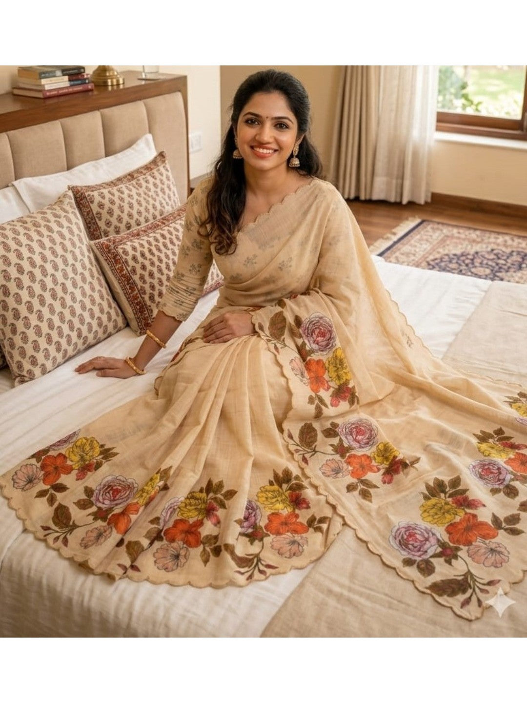 Peachmode Cream Linen Floral Print Saree with Cut Work Border - Image 1