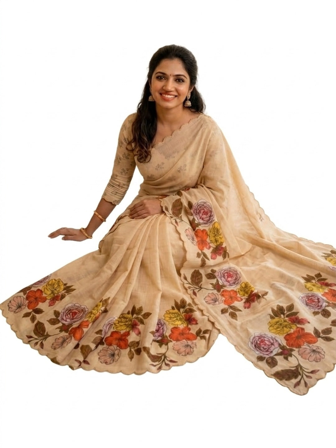 Peachmode Cream Linen Floral Print Saree with Cut Work Border - Image 7