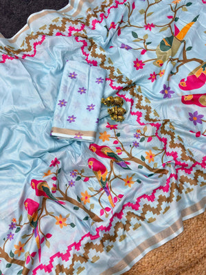 Peachmode Sky Blue Mul Cotton Kalamkari Print Saree - Image 2
