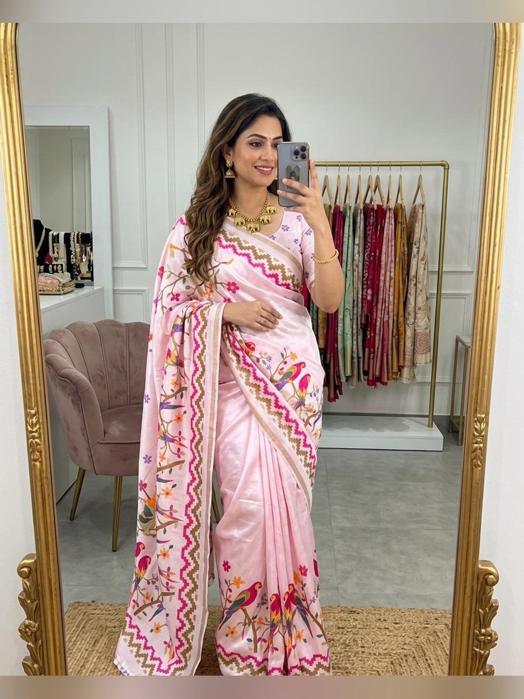 Peachmode Pink Mul Cotton Kalamkari Print Saree - Image 1