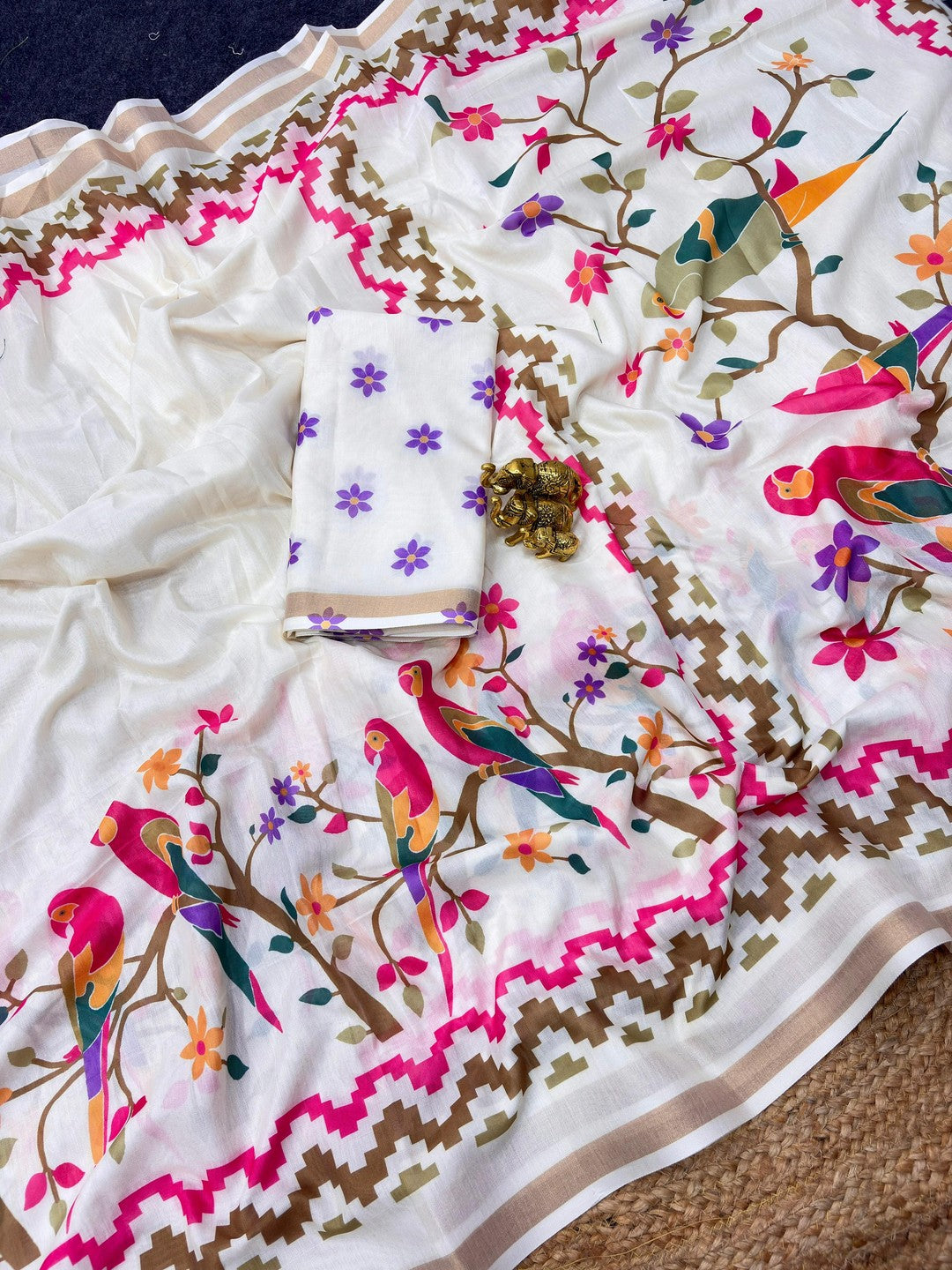 Peachmode Cream Mul Cotton Kalamkari Print Saree - Image 3