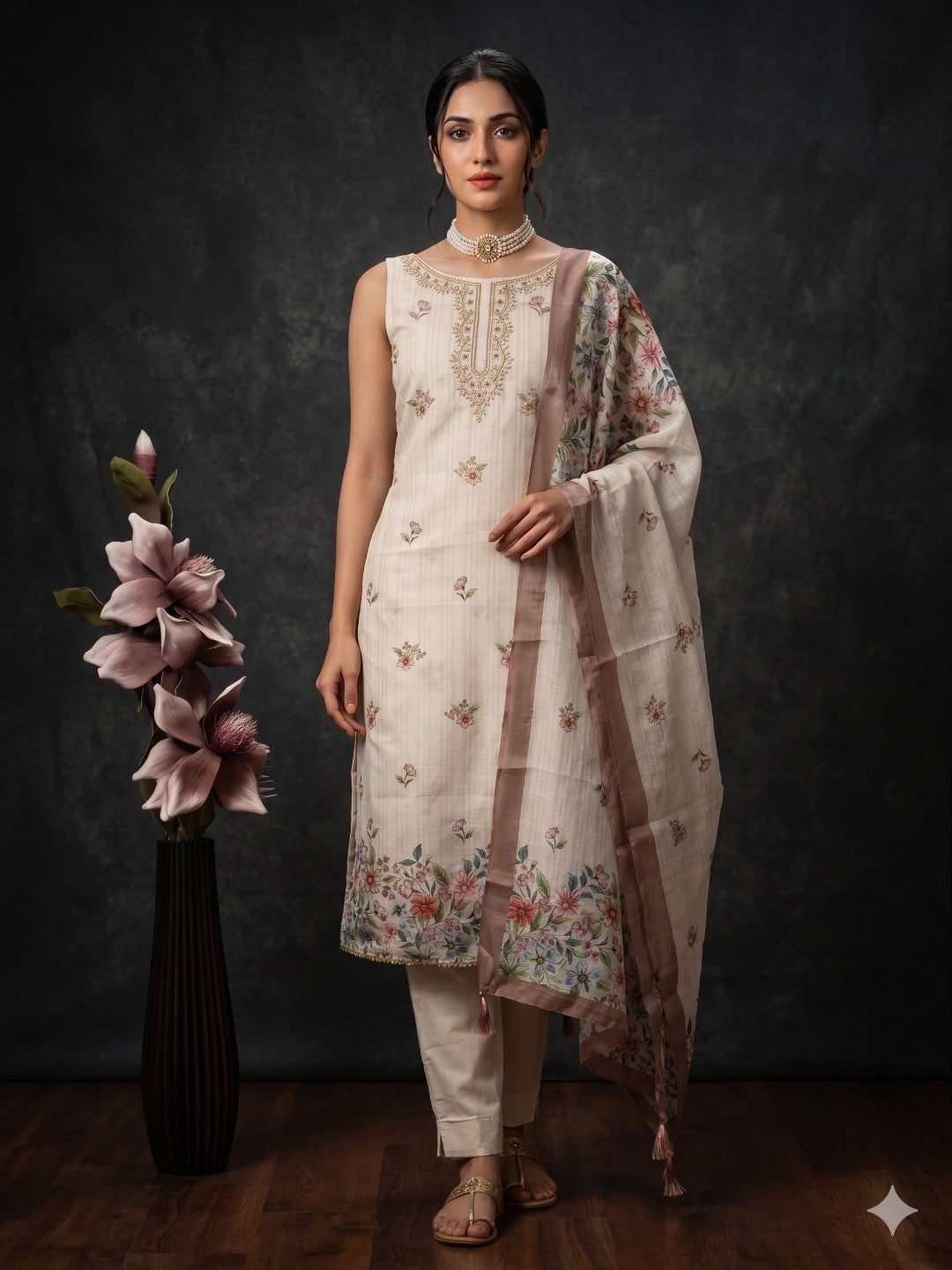 Peachmode Peach Linen Dress Material with Floral Print - Image 2