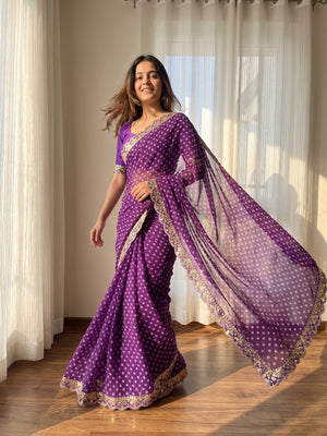 Peachmode Purple Georgette Bandhani Saree with Sequins Lace Border - Image 1