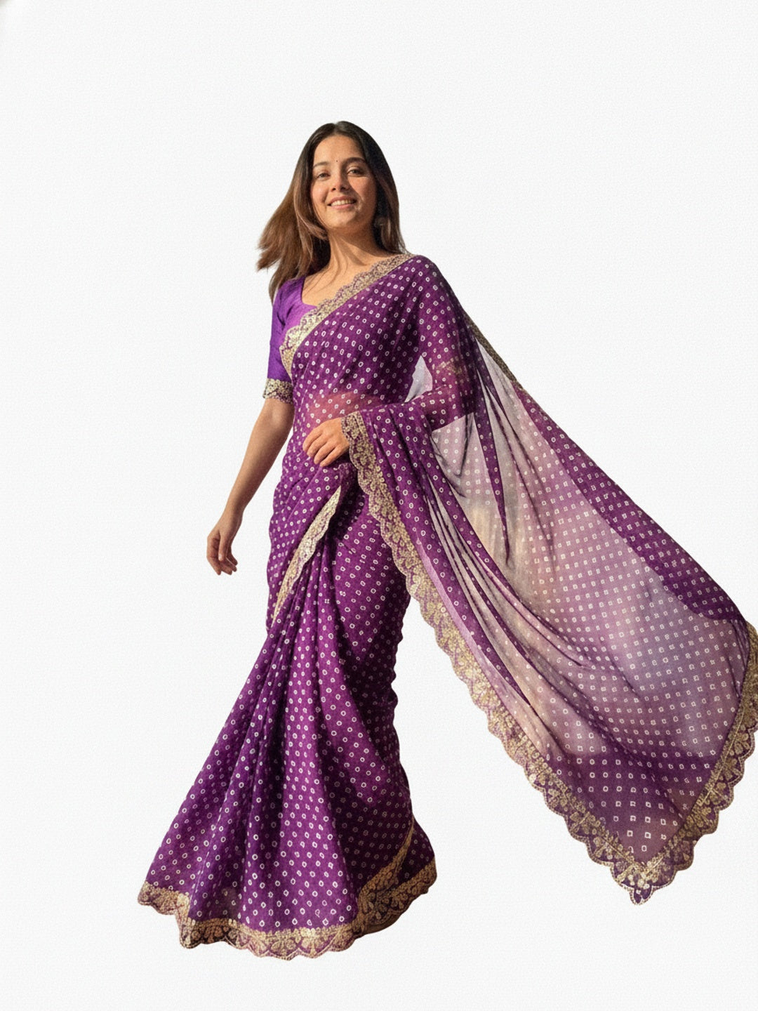 Peachmode Purple Georgette Bandhani Saree with Sequins Lace Border - Image 8