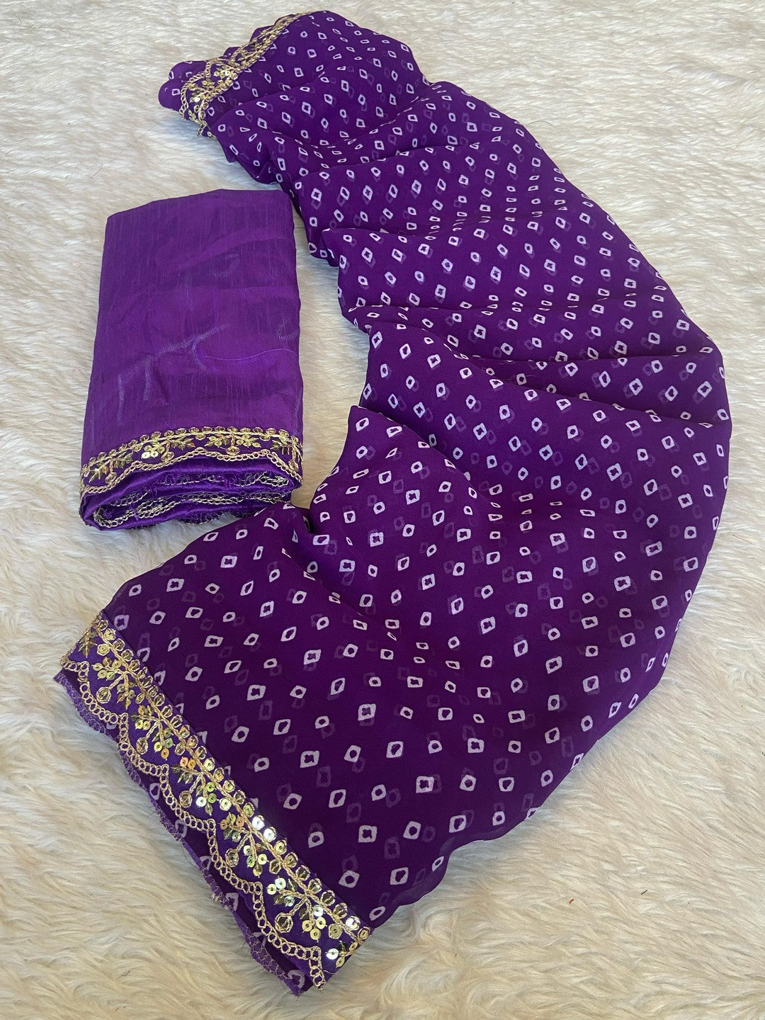 Peachmode Purple Georgette Bandhani Saree with Sequins Lace Border - Image 2