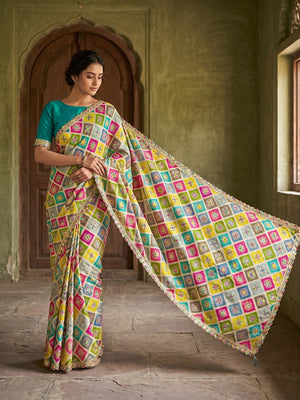 Peachmode Multicolor Chinon Silk Bandhani Print Saree - Image 1