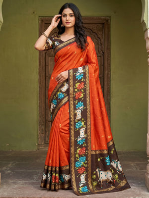 Peachmode Orange Dola Silk Kalamkari Print Saree - Image 1