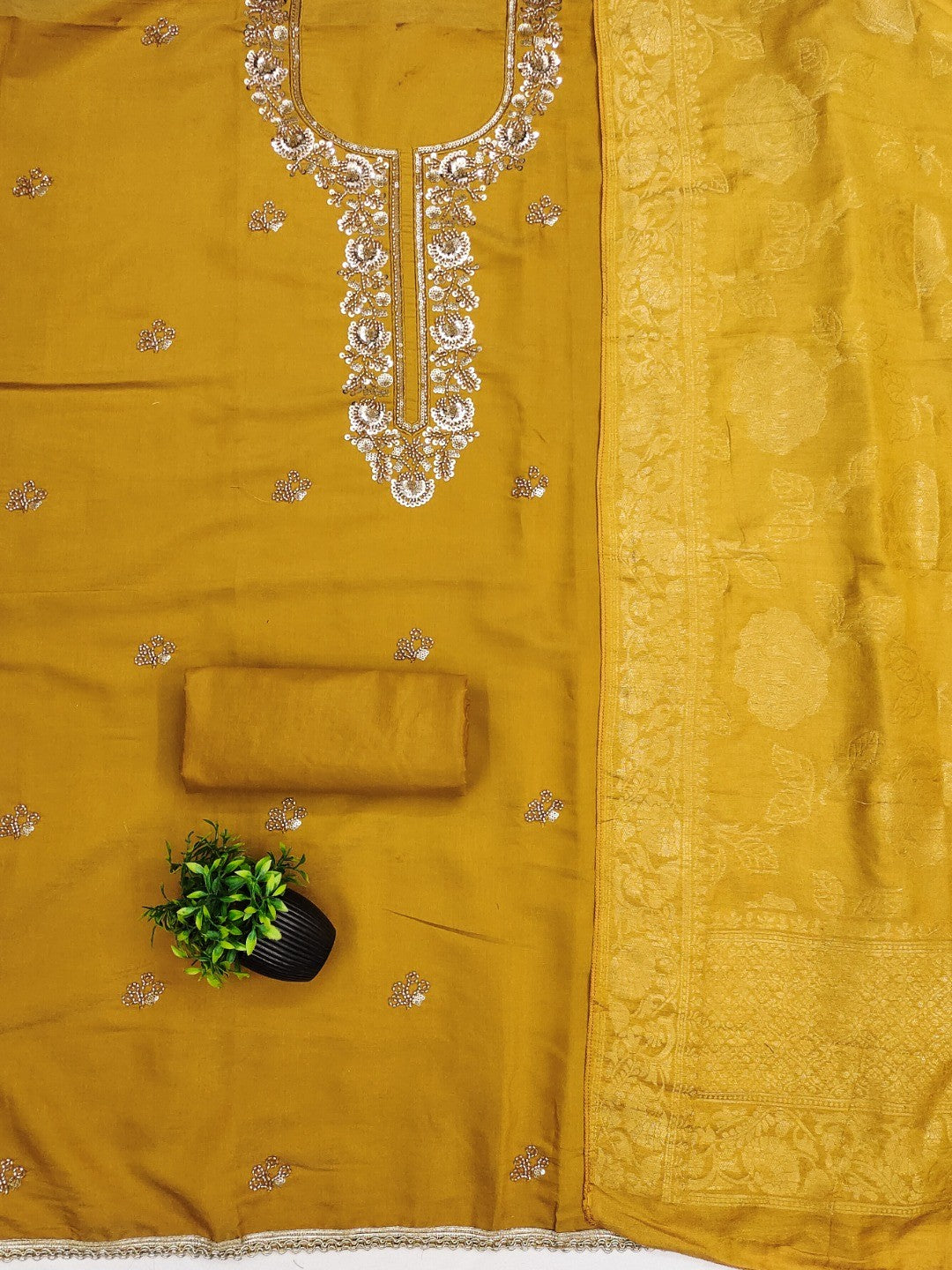 Mustard Shimmer Unstitched Dress Material with Exquisite Sequins Work - Image 5