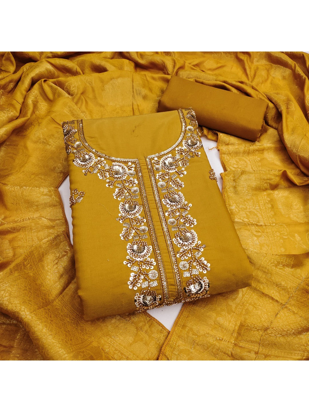Mustard Shimmer Unstitched Dress Material with Exquisite Sequins Work - Image 1