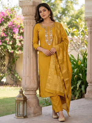 Mustard Shimmer Unstitched Dress Material with Exquisite Sequins Work - Image 1