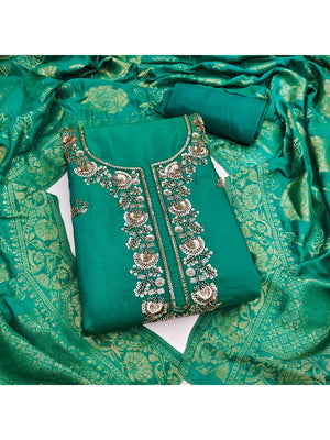Rama Green Shimmer Unstitched Dress Material with Exquisite Sequins Work - Image 2