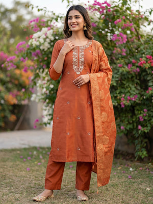 Rust Shimmer Unstitched Dress Material with Exquisite Sequins Work - Image 2