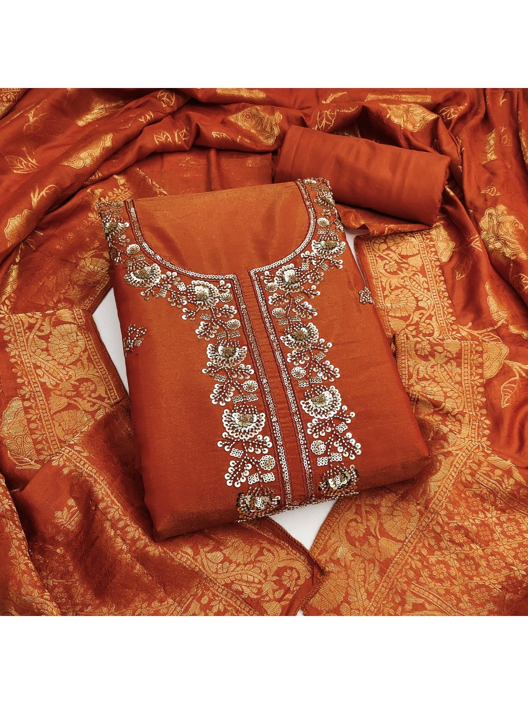 Rust Shimmer Unstitched Dress Material with Exquisite Sequins Work - Image 1