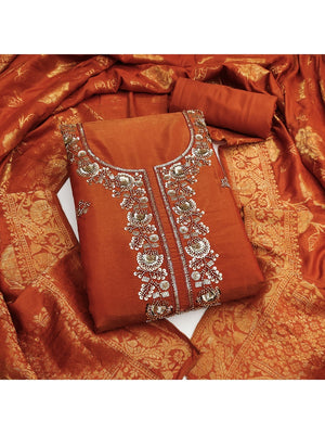 Rust Shimmer Unstitched Dress Material with Exquisite Sequins Work - Image 1
