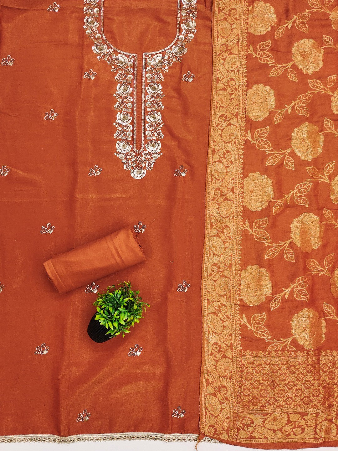 Rust Shimmer Unstitched Dress Material with Exquisite Sequins Work - Image 3