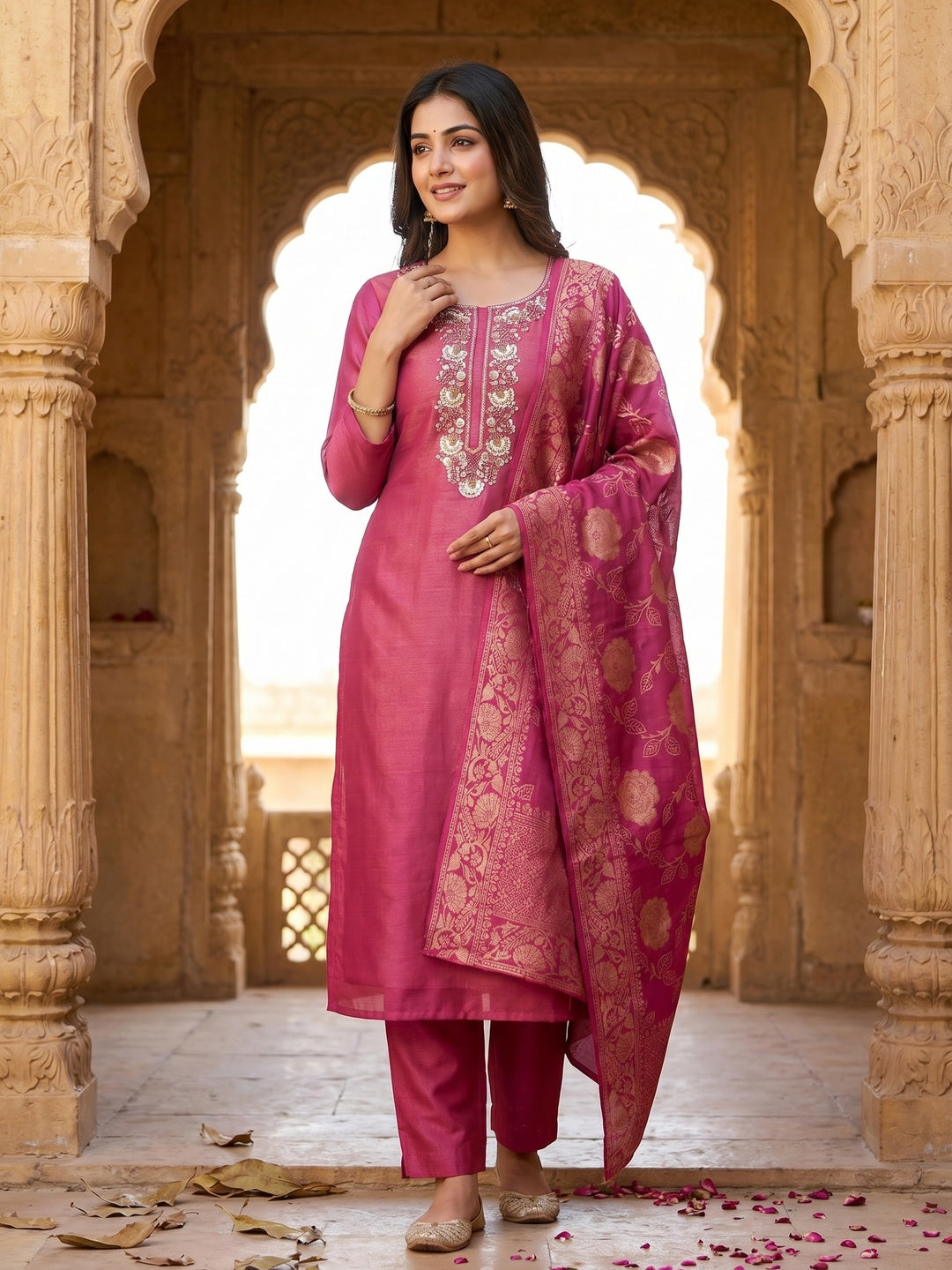Pink Shimmer Unstitched Dress Material with Exquisite Sequins Work - Image 2