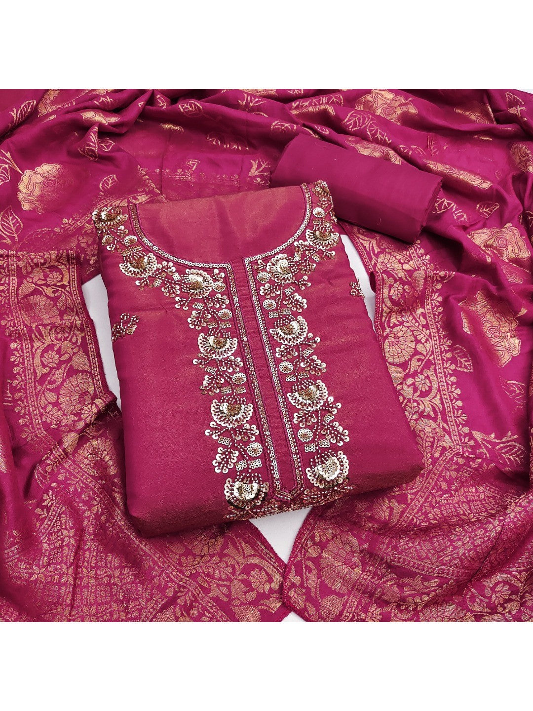 Pink Shimmer Unstitched Dress Material with Exquisite Sequins Work - Image 1