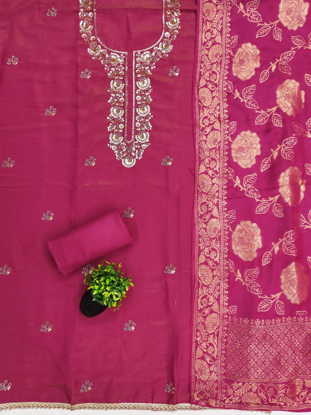 Pink Shimmer Unstitched Dress Material with Exquisite Sequins Work - Image 3