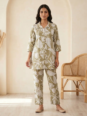 Olive Pure Cotton Botanical Printed Top Bottom Set - Image 1