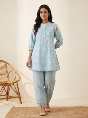 Blue Pure Cotton Floral Printed Top Bottom Set - Image 1