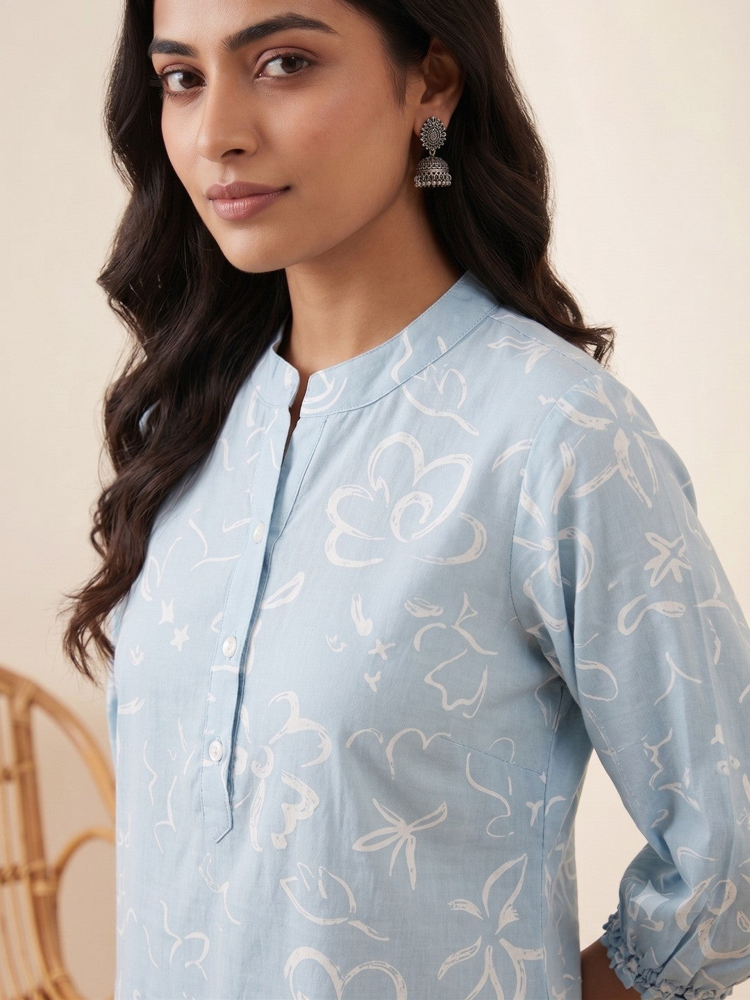 Blue Pure Cotton Floral Printed Top Bottom Set - Image 4